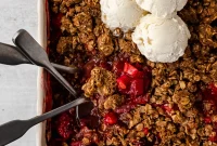 Strawberry Rhubarb Tahini Crisp Recipe for Tangy Summer Dessert