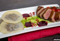 Duck Breast & Cognac Duxelle Wonton Ravioli with Pomegranate Sauce