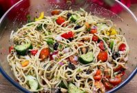 Mediterranean Chicken Spaghetti Salad with Feta & Olives
