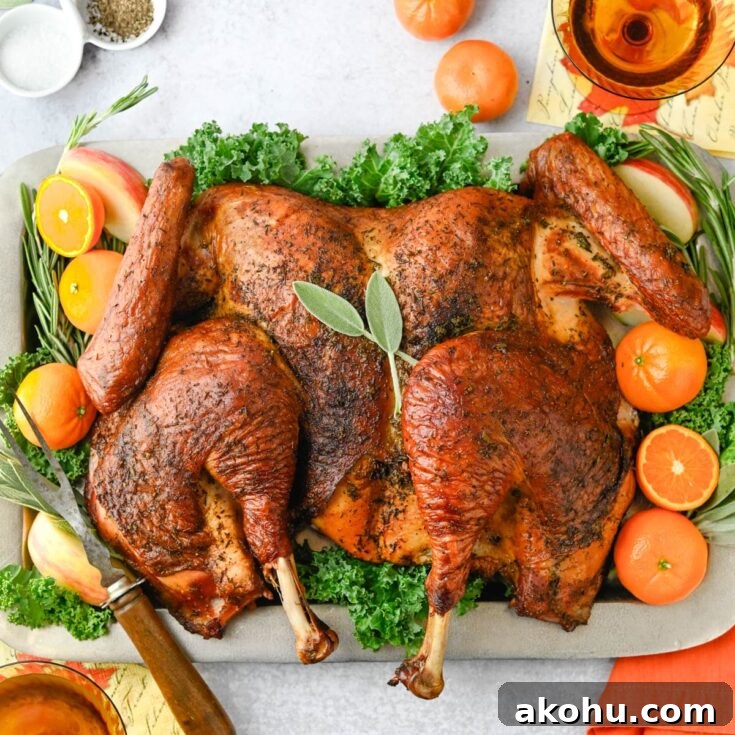 Serving the grilled spatchcock turkey on a silver platter.