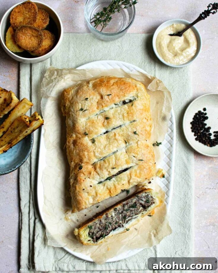 A platter of mushroom wellington on a plate.