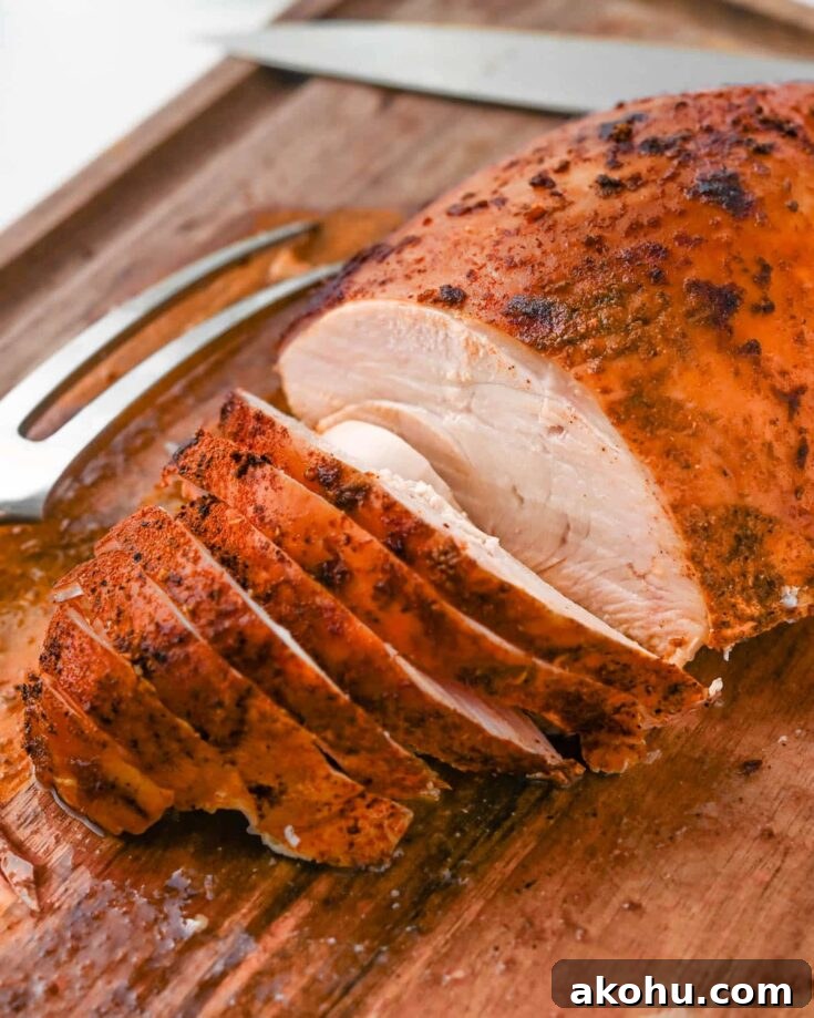 Slicing smoked turkey breasts on a cutting board.