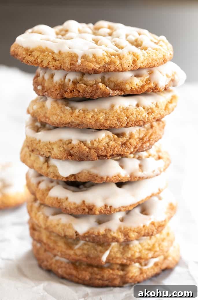 Thin Chewy Gluten-Free Iced Oatmeal Cookies 2 Tall stack of iced thin and chewy gluten free oatmeal cookies.