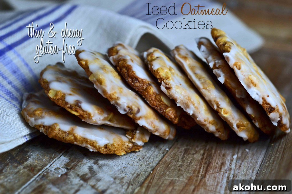 Gluten-free Iced Oatmeal Cookies, thin and chewy A fallen over stack of gluten free iced oatmeal cookies.
