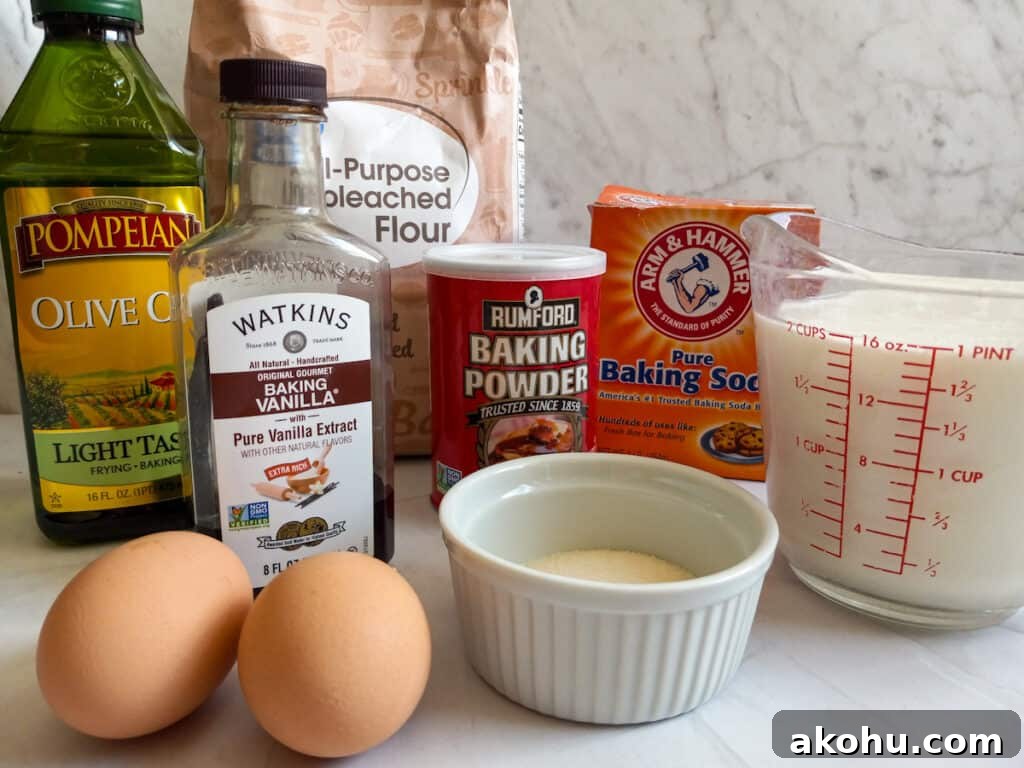ingredients: flour, buttermilk, eggs, oil, sugar, vanilla, baking soda, and baking powder