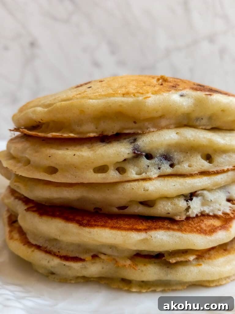 a stack of chocolate chip pancakes
