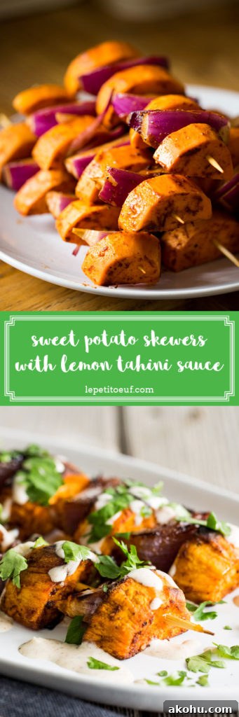 BBQ paprika sweet potato skewers with a lemon tahini sauce make a fantastic vegetarian and vegan BBQ grilled side dish to serve up this summer or can go with meat, fish and cheese really well. Using just sweet potato, and red onion coated in warming paprika, plus a sauce of tahini, lemon juice and gentle cinnamon, topped with coriander, these skewers are sure to make everyone around the lunch or dinner table happy!