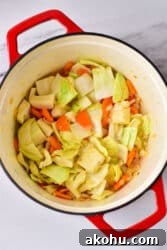 A red pot brimming with the beginnings of a hearty cabbage stew recipe sits invitingly on a marble surface, filled with vibrant chopped cabbage, carrots, and onions.