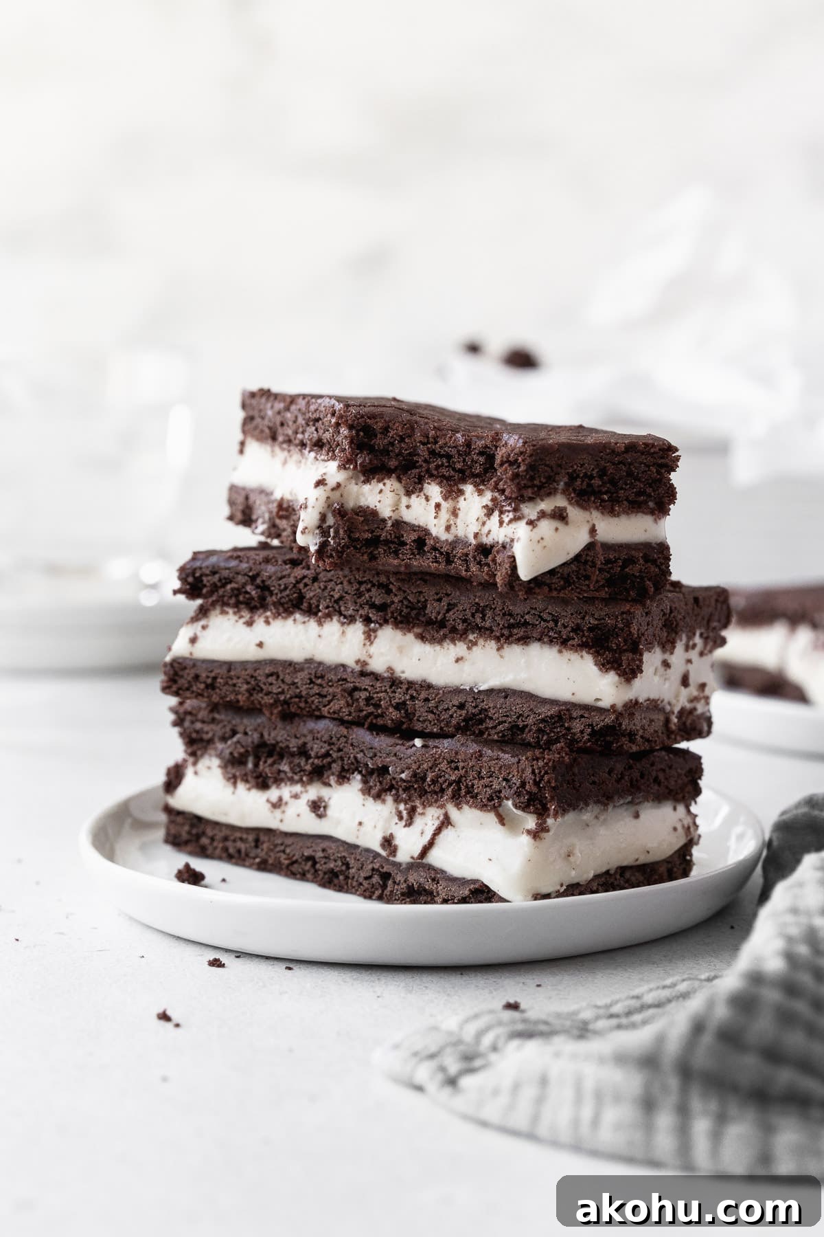 Gluten-Free Ice Cream Sandwiches You’ll Love 16 A stack of ice cream sandwich cookies on a small white dish with a large bite taken out of one of the cookies.