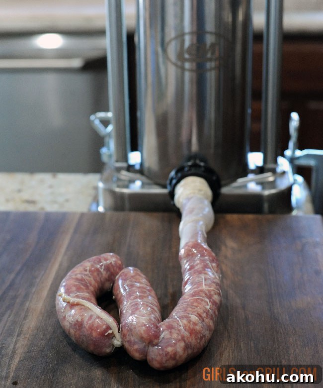 stuffing hog casings with ground corned beef