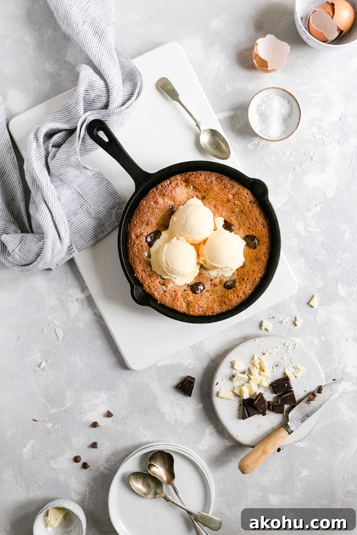 top view of chocolate chip and malted milk skillet cookie