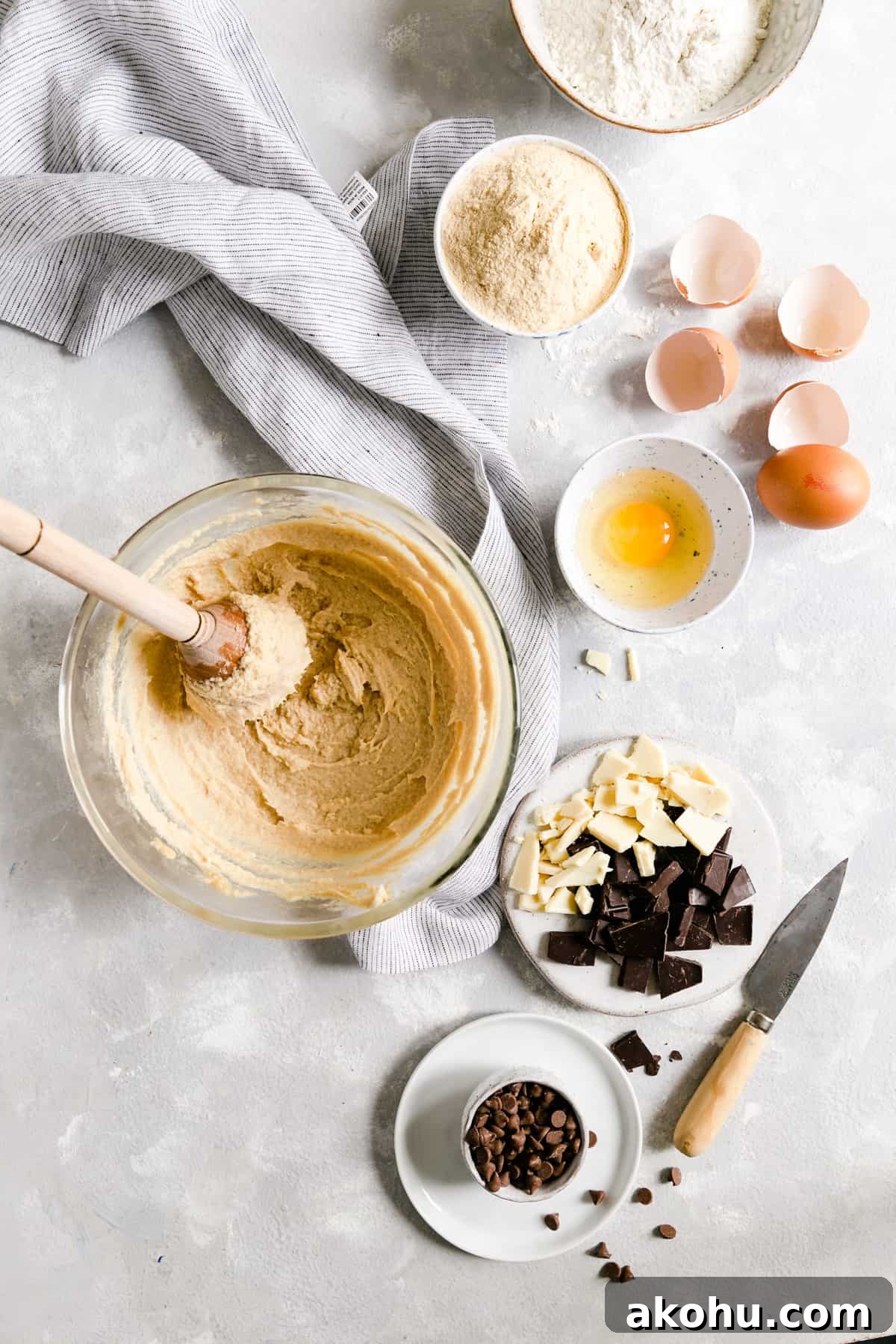 top view of a large bowl with cookie dough mix