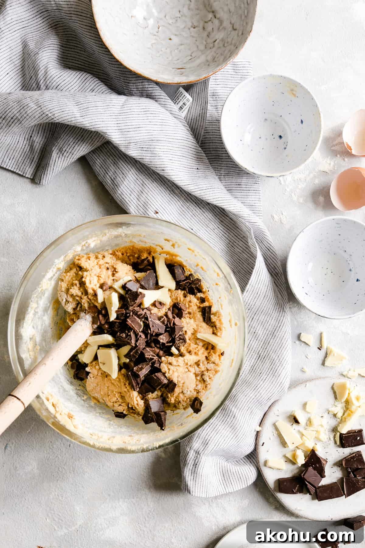 top view of a bowl with cookie dough and chocolate chunks