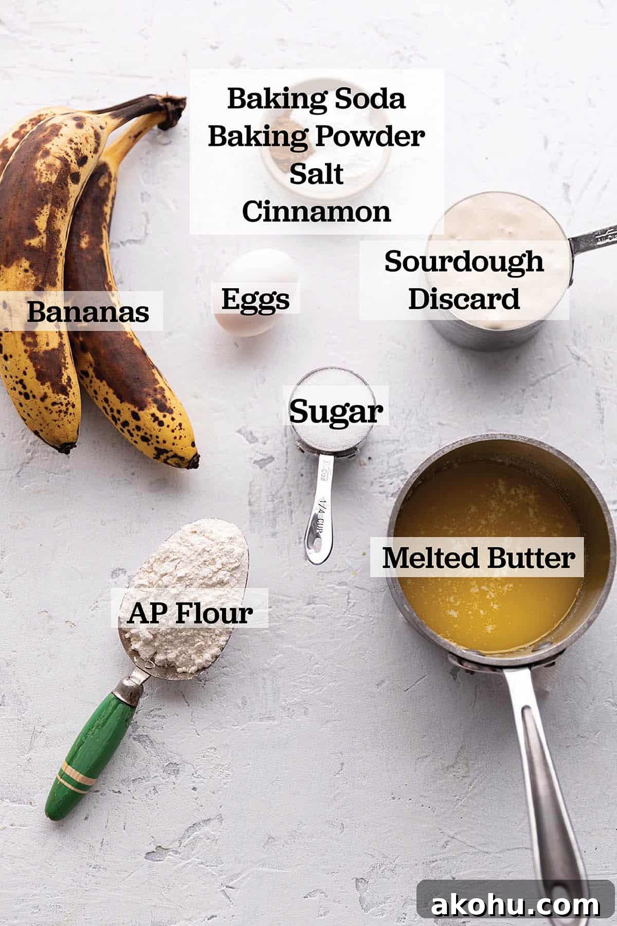 Sourdough Banana Muffins with Cinnamon Streusel 3 Bananas, flour, melted butter, sourdough discard, baking powder, baking soda salt and an egg.