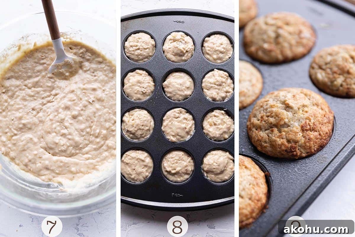 Sourdough Banana Muffins with Cinnamon Streusel 6 A glass bowl with a muffin batter and spatula and the batter in a muffin pan.