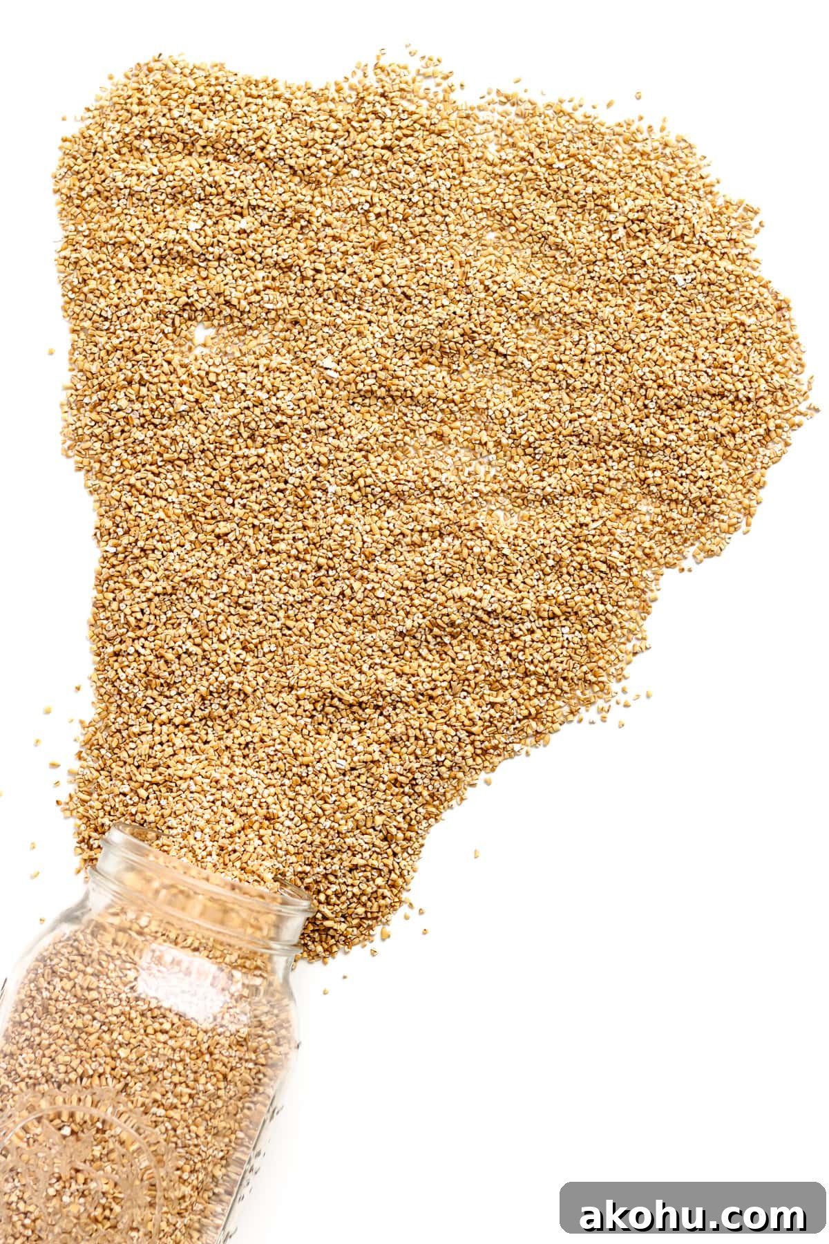 Steel cut oats spilling out of a glass mason jar across a white background.