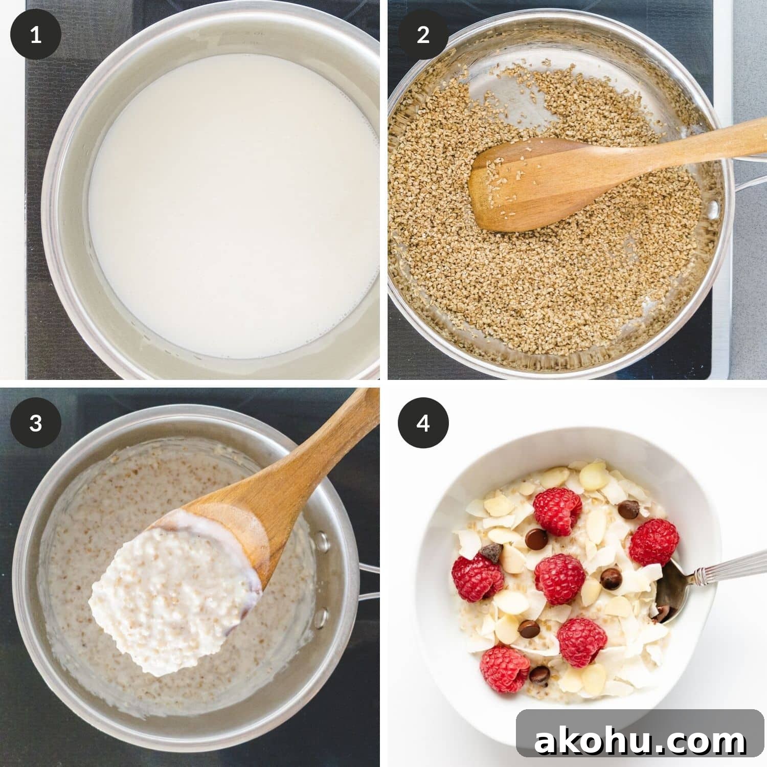 Step by step photo collage showing how to cook steel cut oats using the stovetop method.
