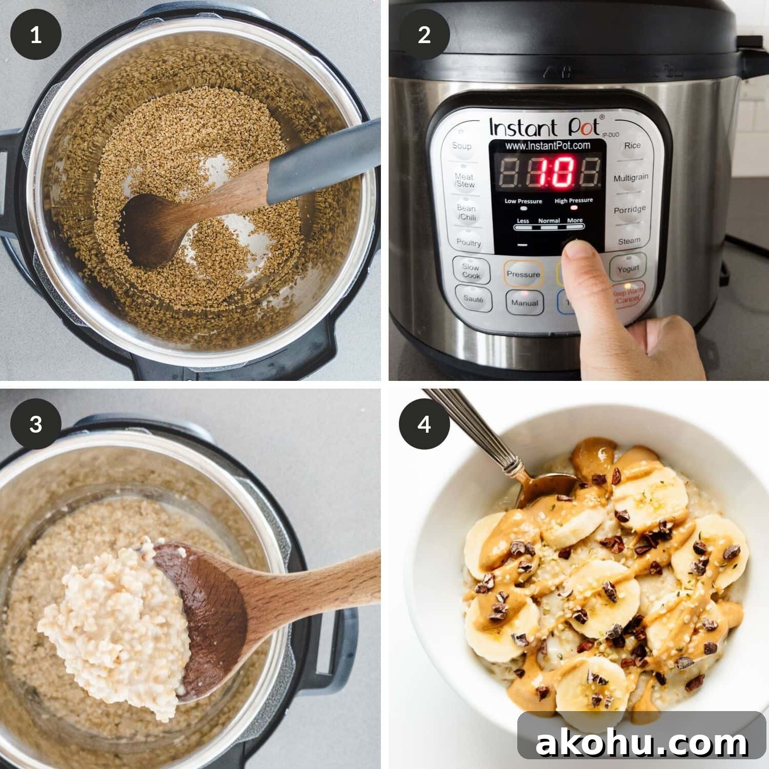Step by step photo collage showing how to cook steel cut oats in the Instant Pot.