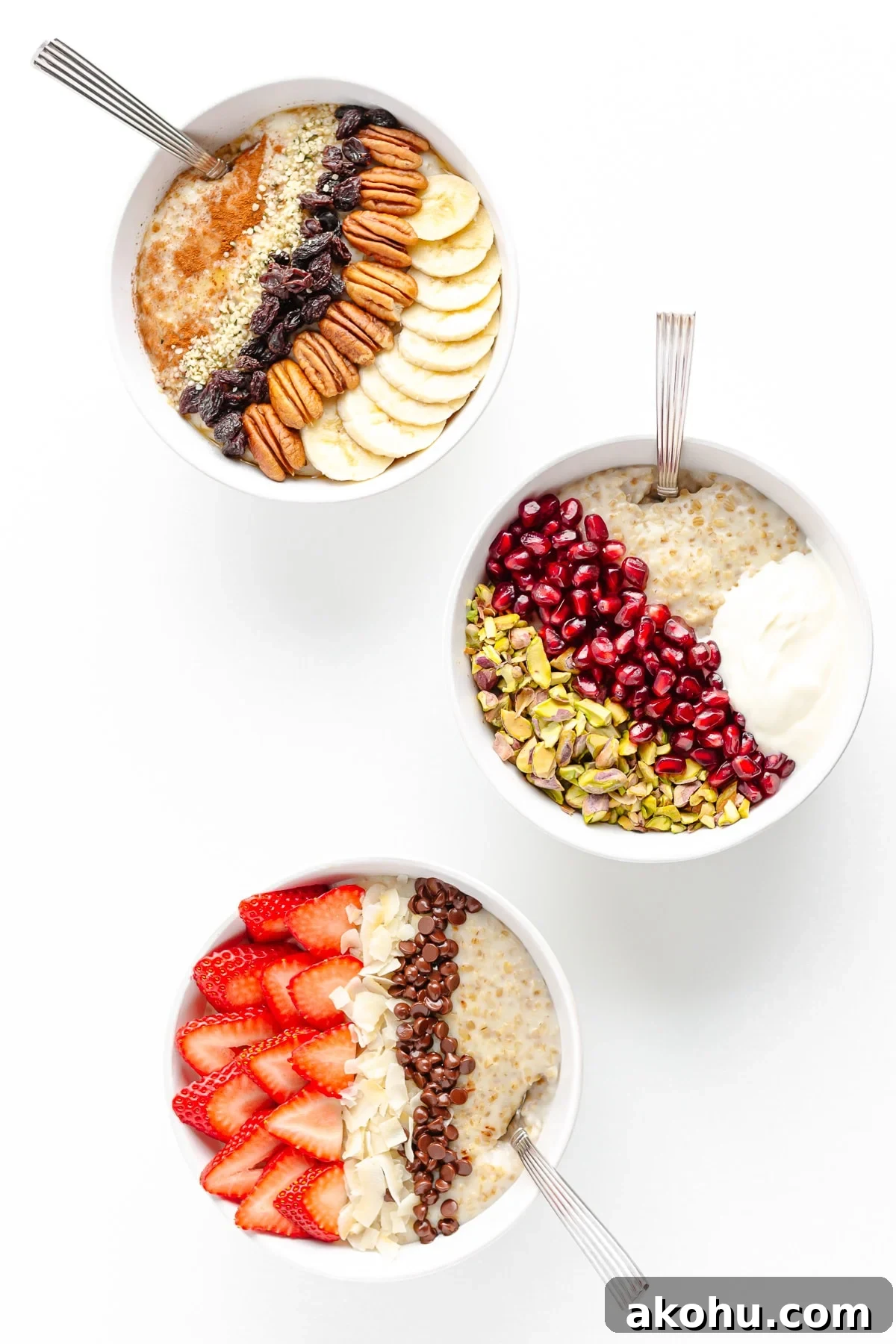 Three bowls of steel cut oatmeal with different toppings.