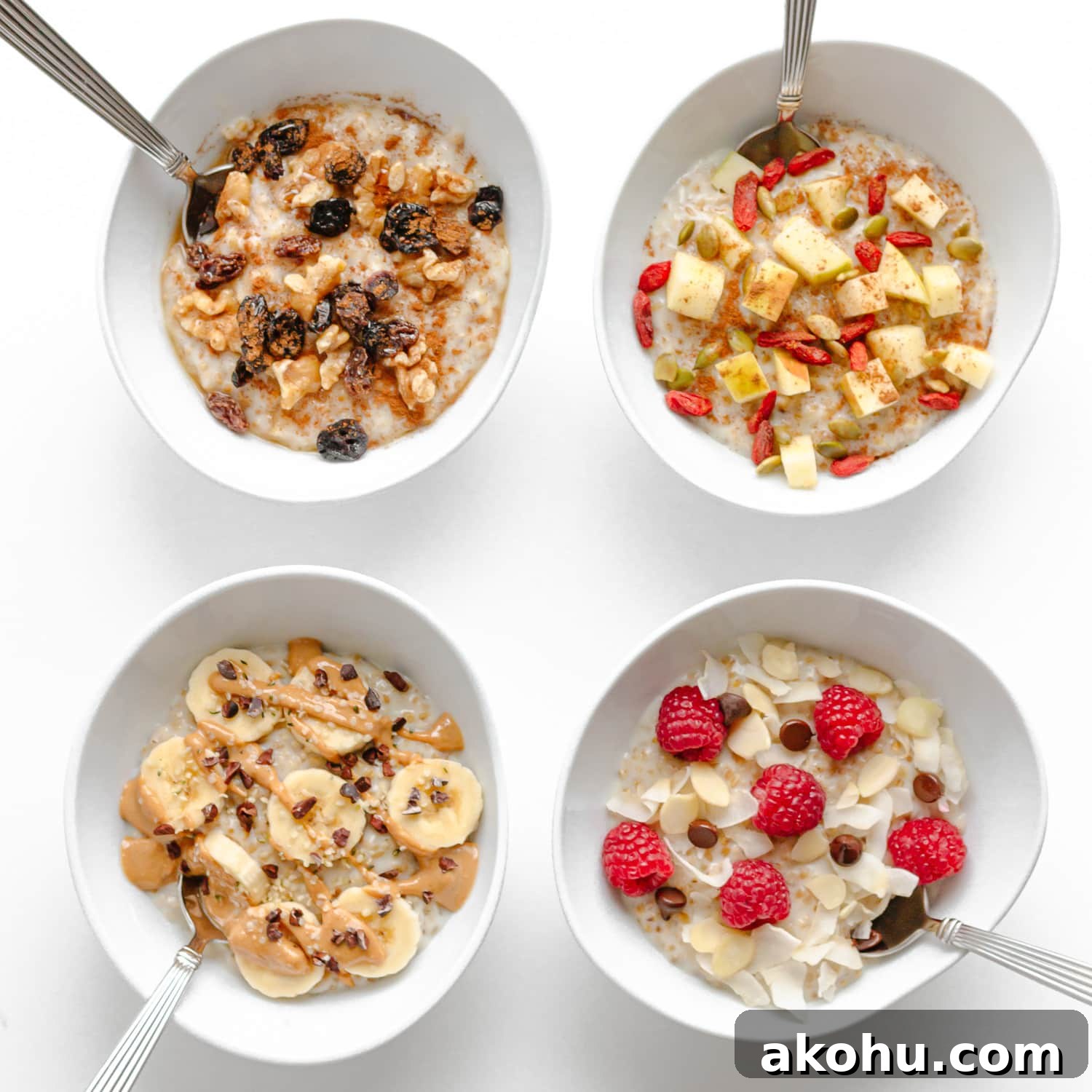 Four bowls of steel cut oats with different toppings.