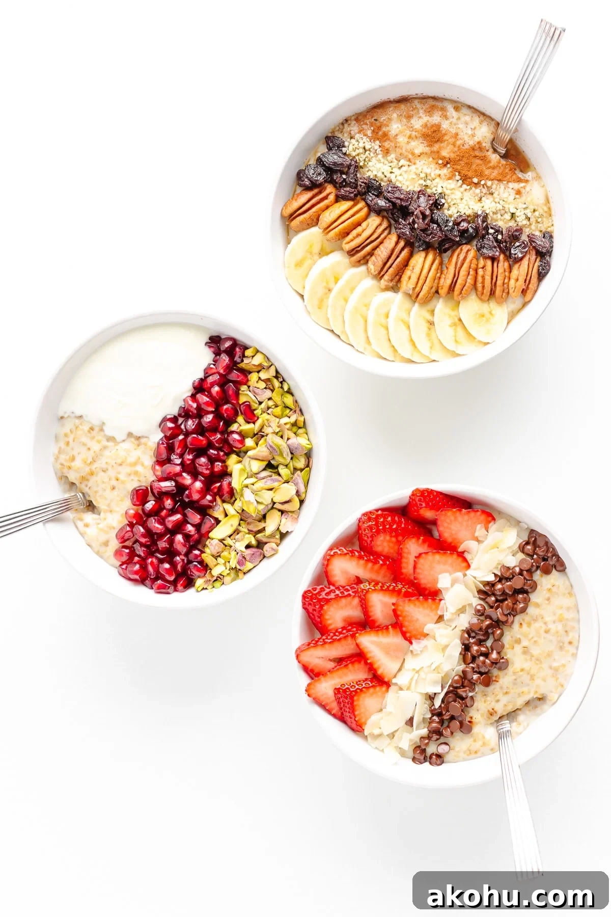 Three bowls of steel cuts oats with different toppings on a white background.