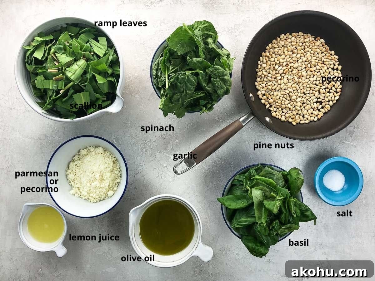 Ramp Pesto with Fresh Basil and Spinach: Spring Garlic Sauce 3 ingredients in bowls