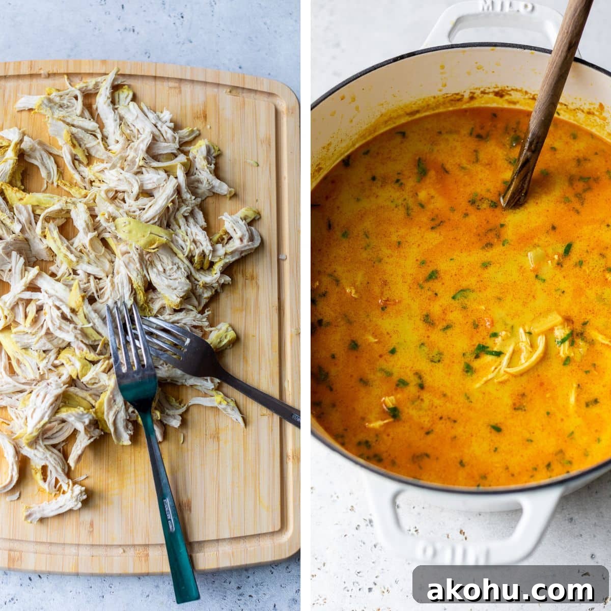 2 images: the left image shows chicken shredded with two forks on a cutting board and the right image shows the chicken added to the soup in a dutch oven