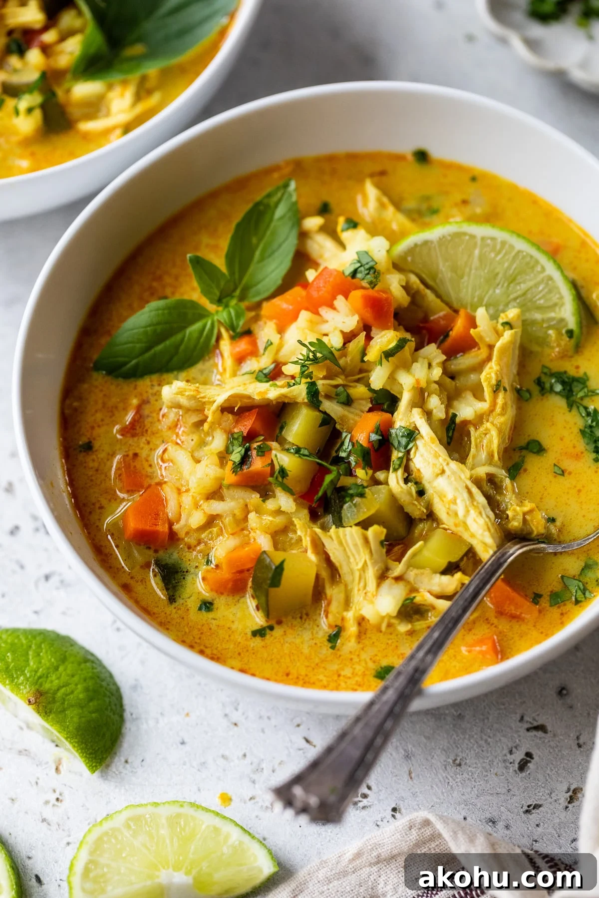 chicken curry soup in a bowl with a spoon
