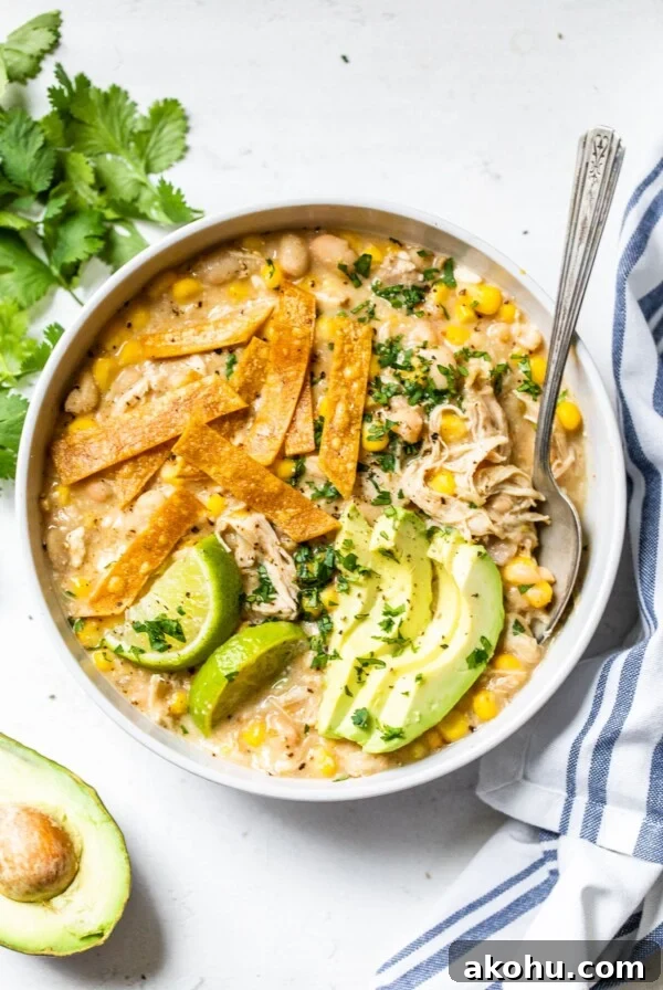 bowl of soup topped with avocado, cilantro and tortilla strips