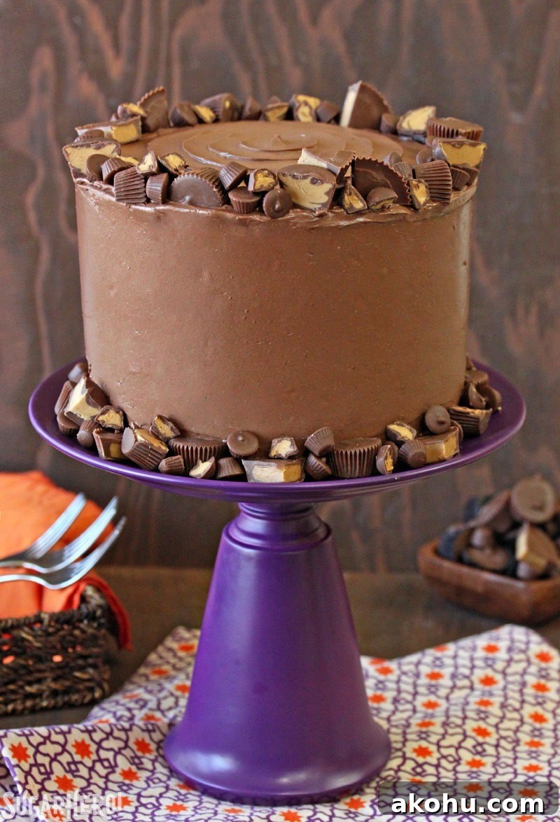 Peanut Butter Cup Banana Cake - Banana cake with layers of chocolate and peanut butter frosting
