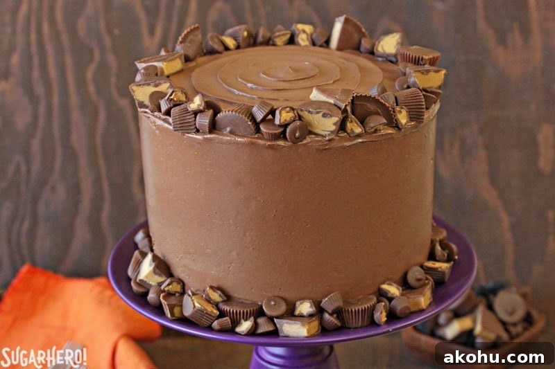 Peanut Butter Cup Banana Cake - decorated with peanut butter cups