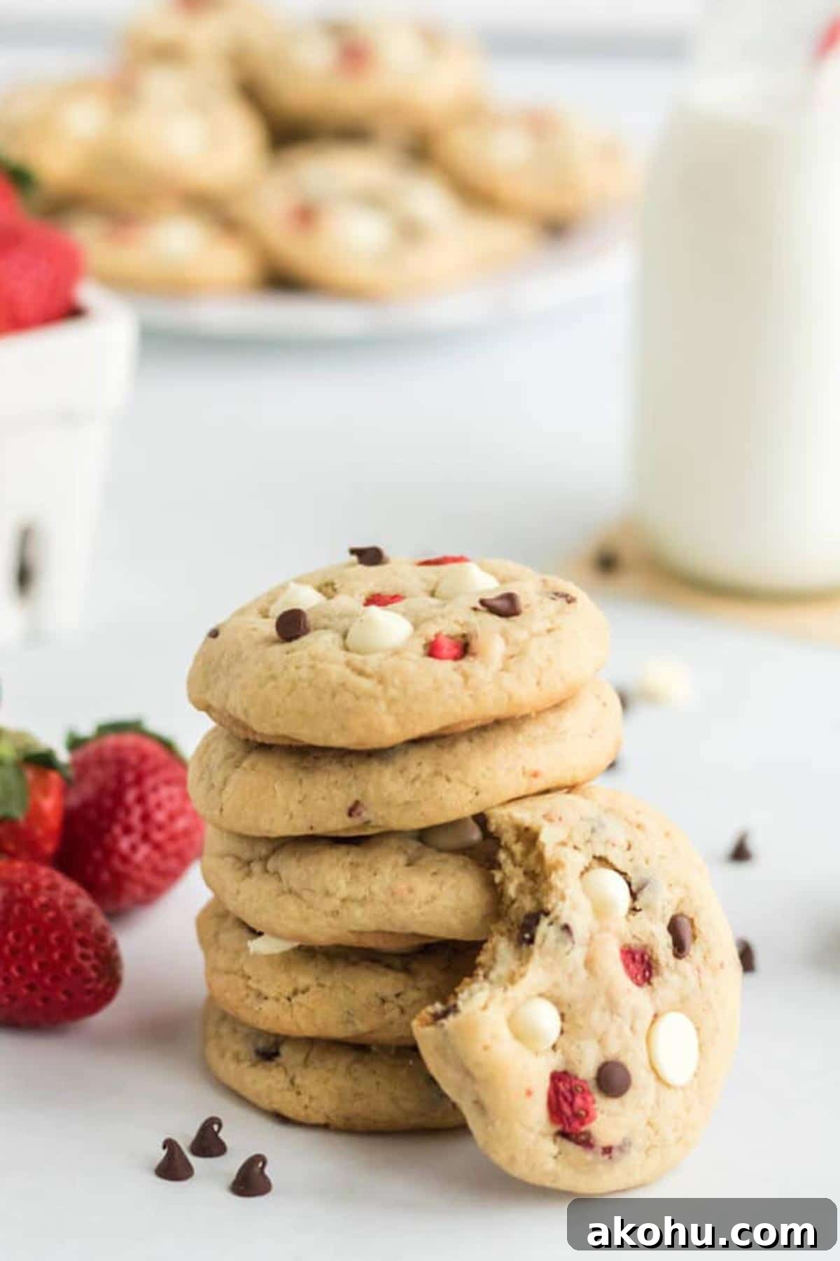 Strawberry Cheesecake Cookies stacked up with white and dark chocolate chips.