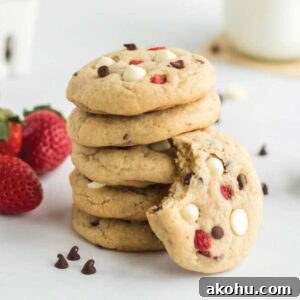 Stack of strawberry cheesecake cookies on the table, one with a bite taken.