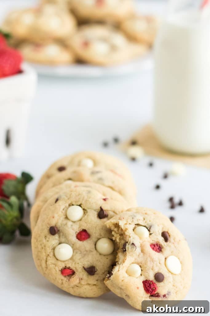 Strawberry Cheesecake Cookies on a white background with strawberries and milk in the background