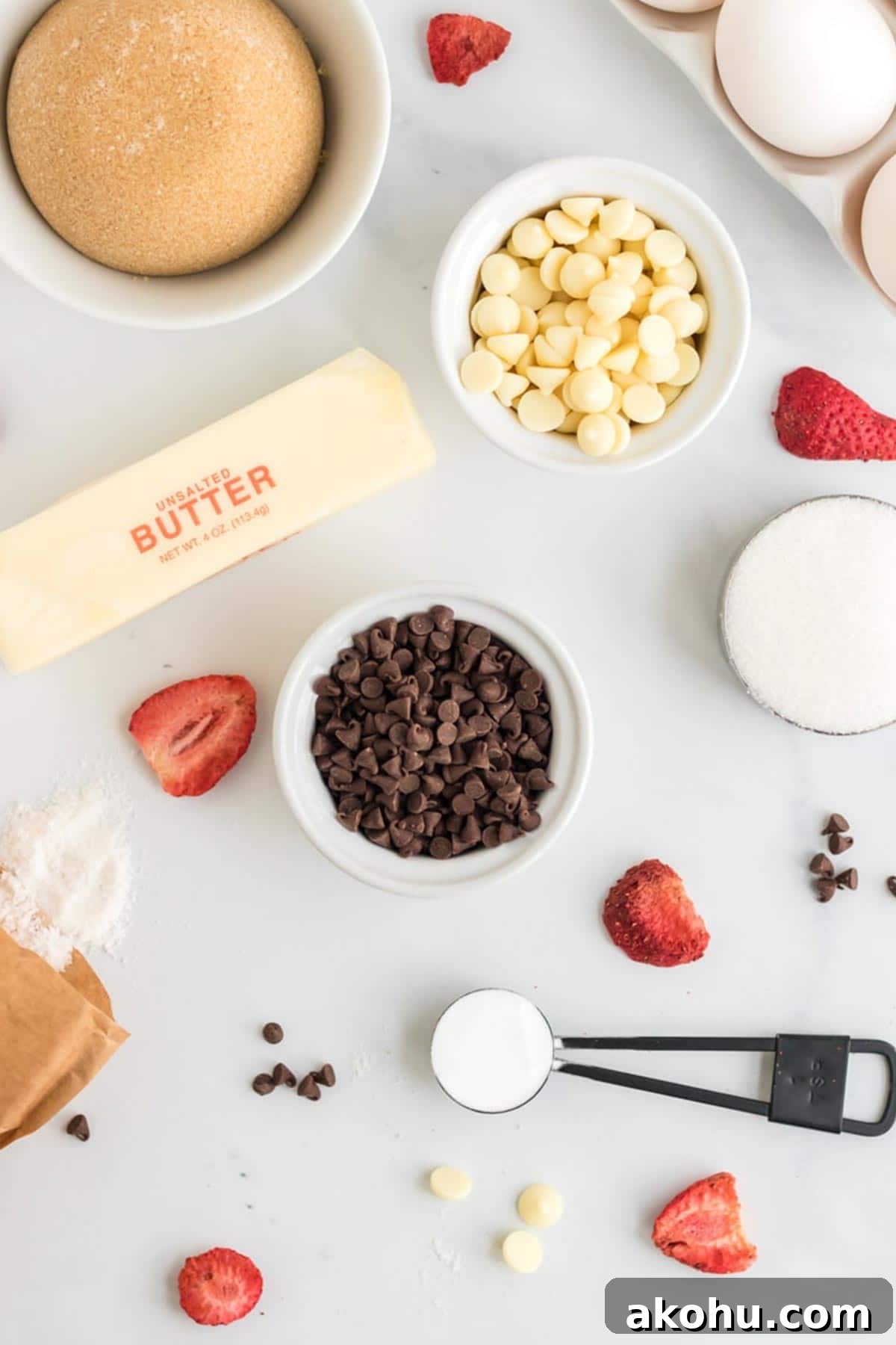 Ingredients to make strawberry cheesecake cookies on the table.