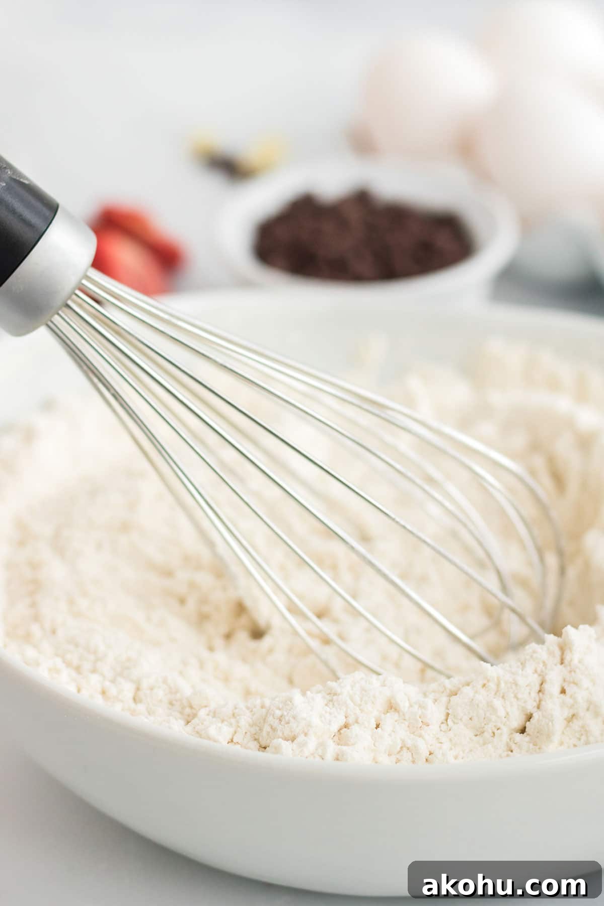 Dry ingredients in a bowl to make strawberry cheesecake cookies.