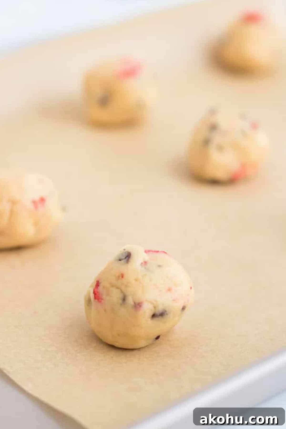 Cookie dough is rolled onto a ball on the baking sheet.