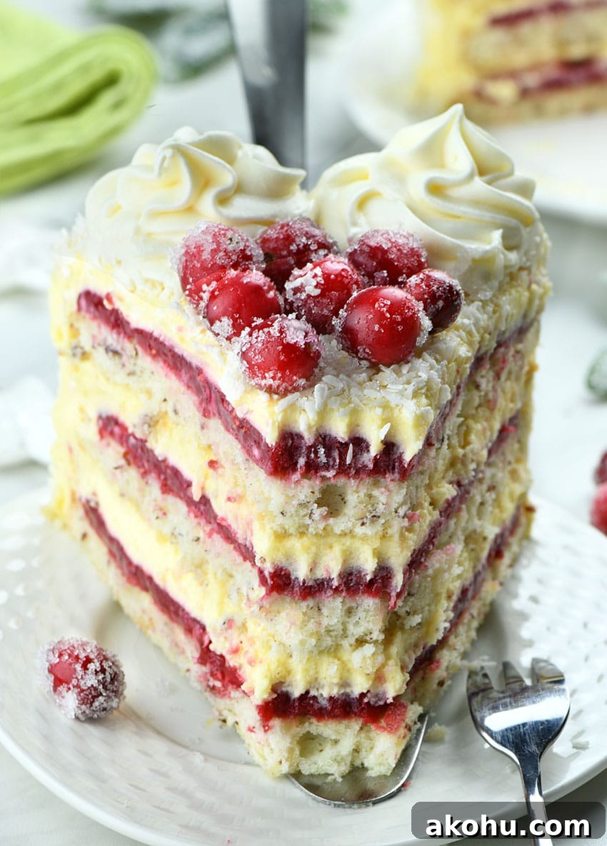 White Chocolate and Cranberry Layer Cake Recipe 2 Piece of White Chocolate Cranberry Layered Cake on a white plate with cranberry decoration.