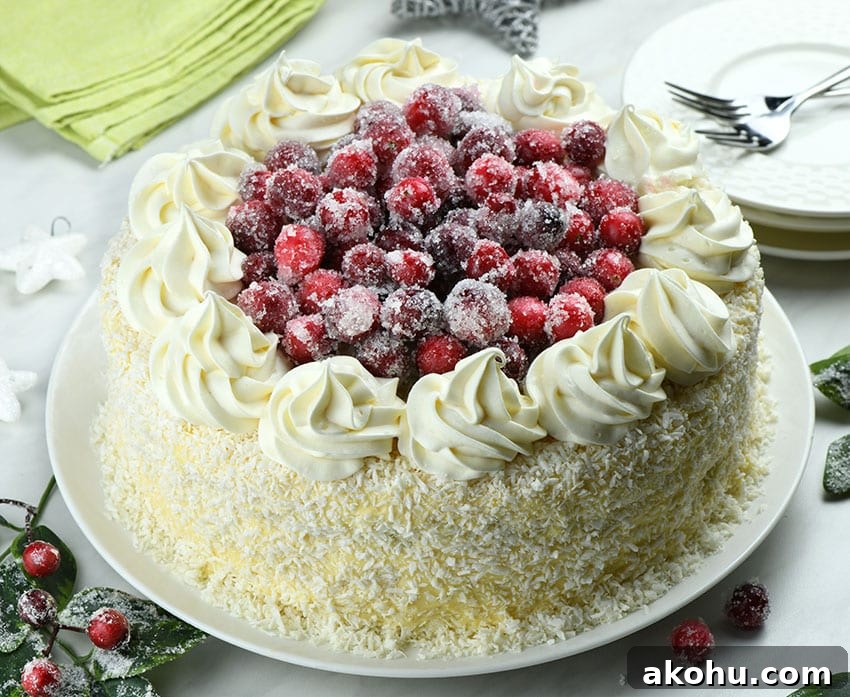 White Chocolate and Cranberry Layer Cake Recipe 5 Whole White Chocolate Cranberry Layered Cake with Christmas decoration around.