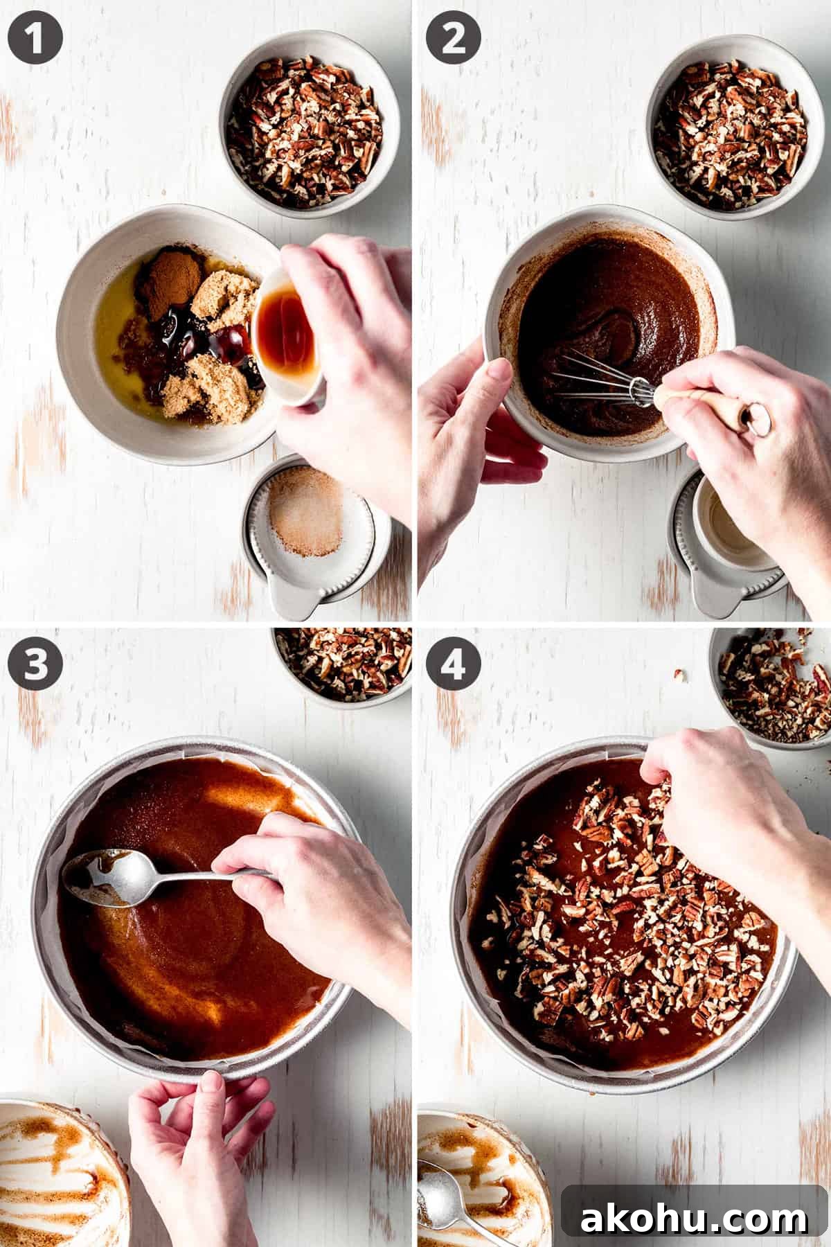 Image collage: pouring syrup into brown sugar and melted butter, stirring mixture with a whisk, spreading into bottom of round pan with the back of a spoon, sprinkling with pecans.