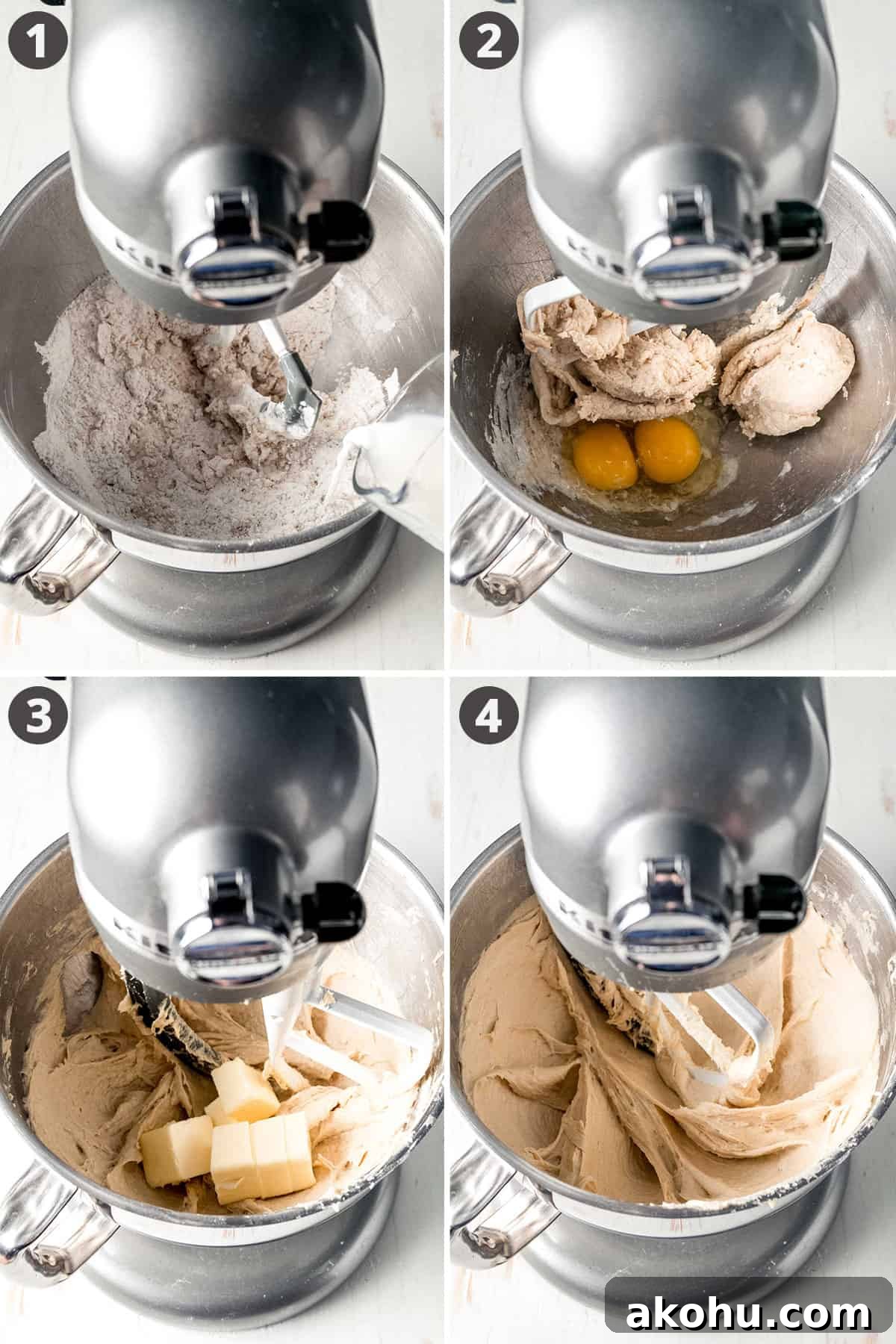 Image collage: pouring milk into flour mixture in stand mixer bowl, eggs in bowl next to mixed dough, butter in mixer next to mixed dough, thick dough ribbons in stand mixer bowl.