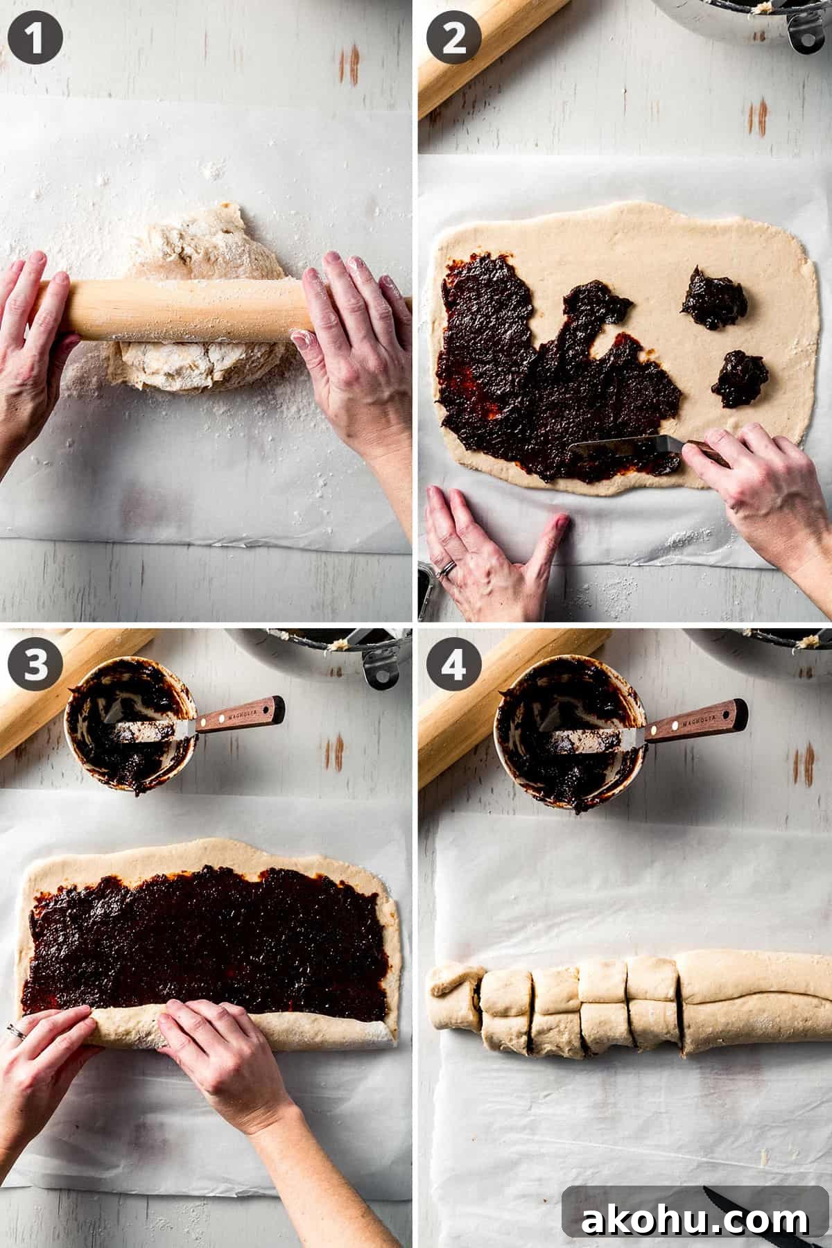 Image collage, rolling pin on floured dough, dollops of filling spread with spatula, rolling up dough into a log, log partially sliced into thick slices.