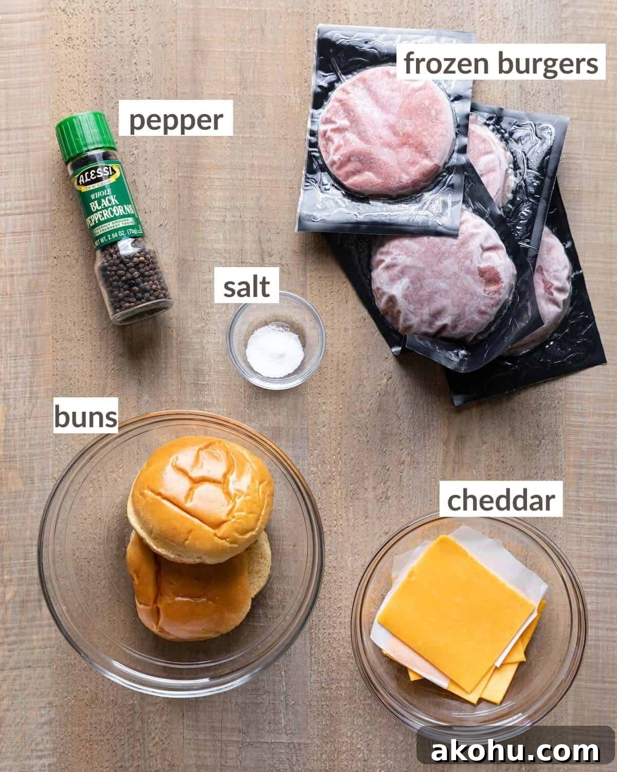 Overhead image of ingredients needed to make frozen burgers in the air fryer.