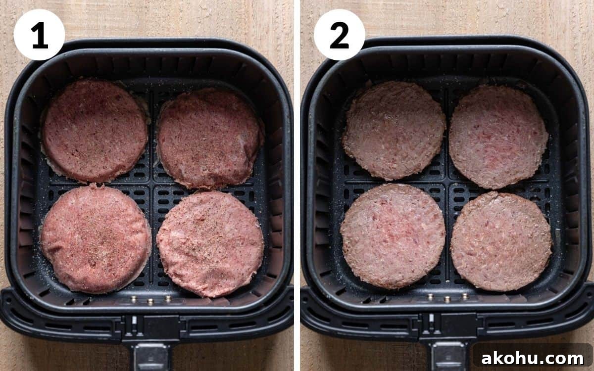 A two photo collage showing the first steps for frozen burgers in the air fryer.