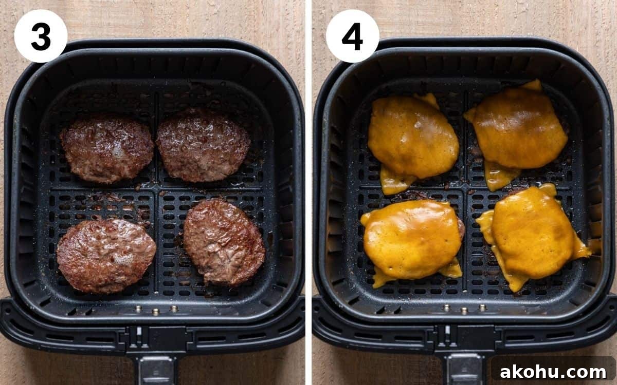 A two photo collage showing steps 3 and 4 for frozen burgers in the air fryer.
