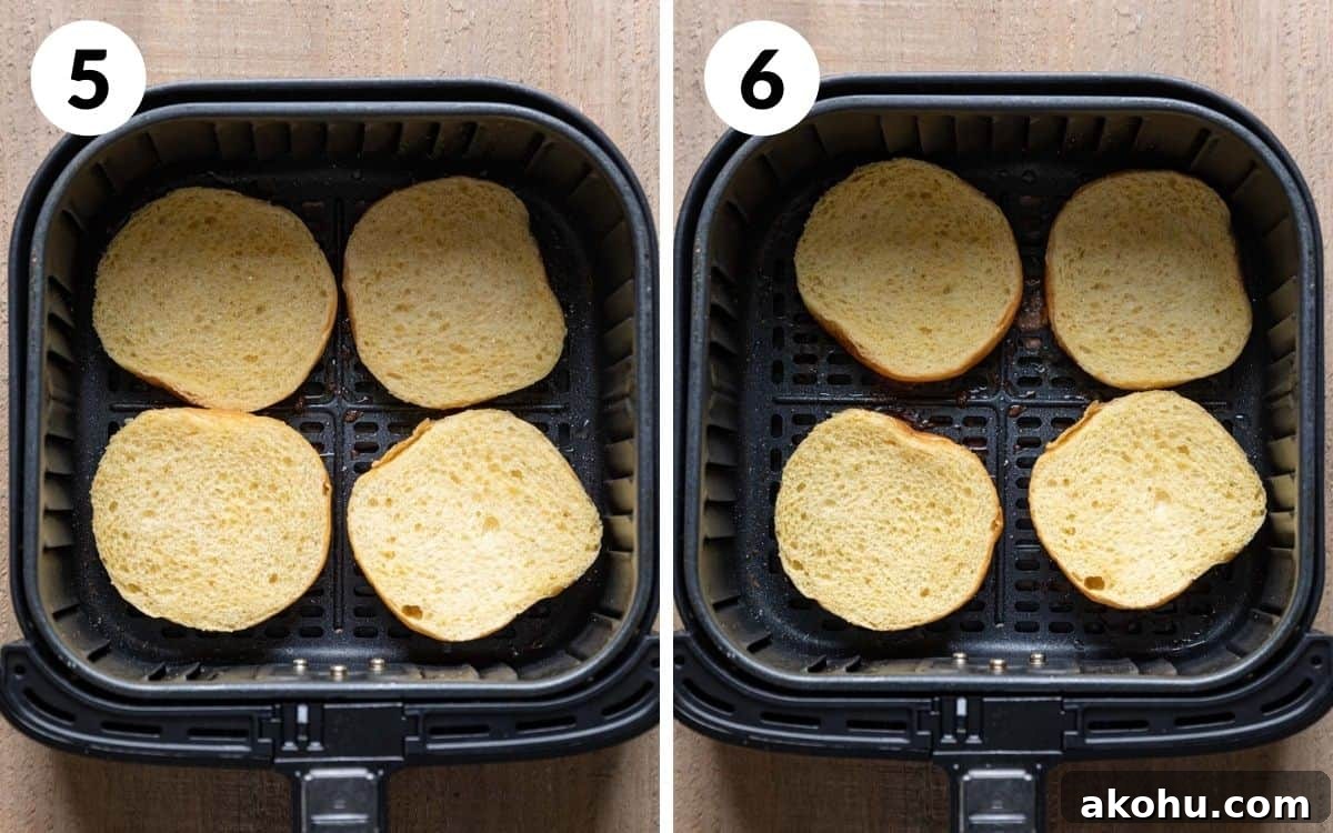 A two photo collage showing steps 5 and 6 for frozen burgers in the air fryer.