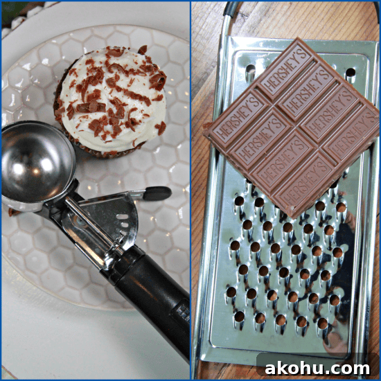 Chocolate shavings and scooping ideas for topping cupcakes.