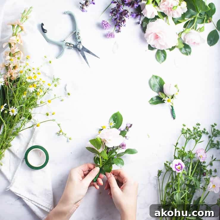 overhead view of hands wrapping flowers in floral tape.