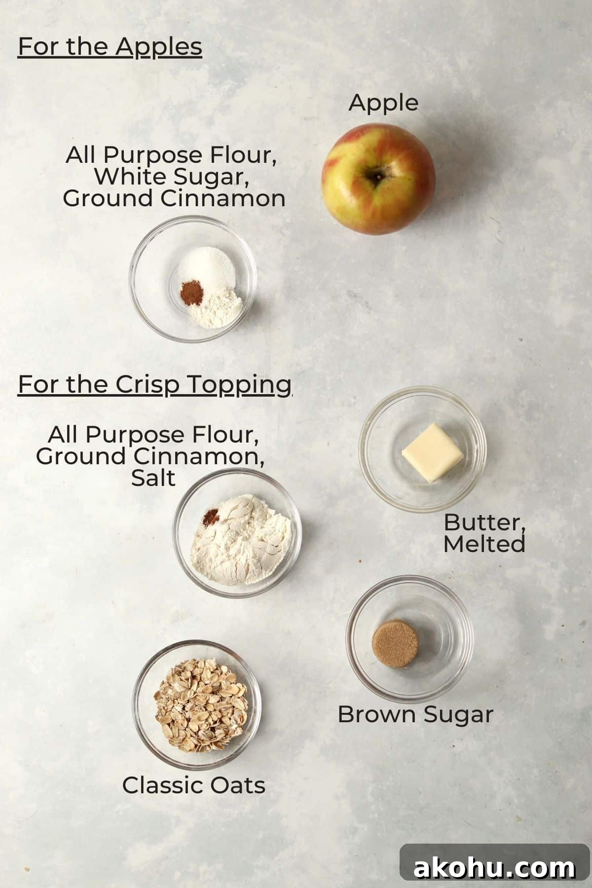 Individual Apple Crisp with Oat Topping — Single-Serve Recipe 3 Ingredients for an individual apple crisp in small glass prep bowls.