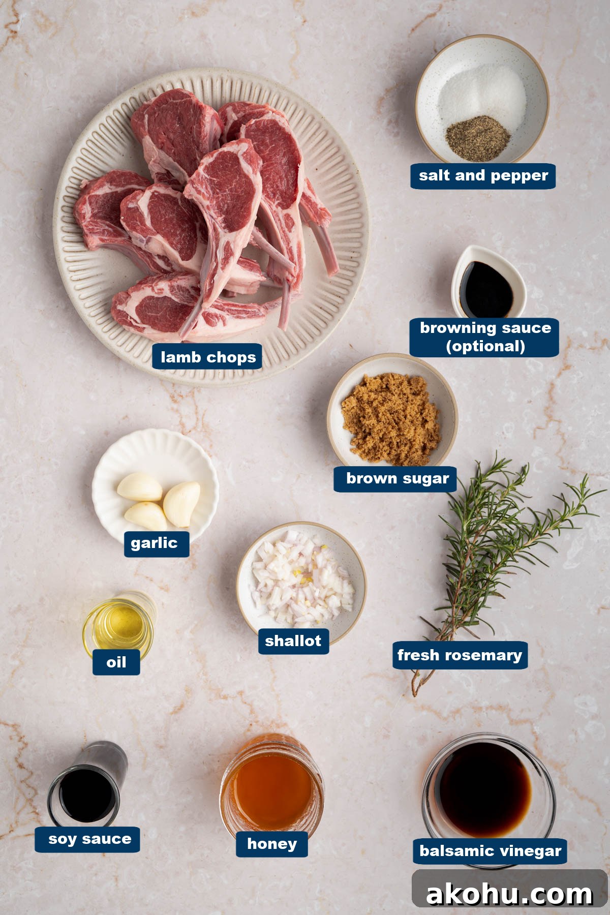 Balsamic-Glazed Oven Roasted Lamb Chops for Dinner 2 All of the ingredients for baked lamb chops in bowls on a white countertop.